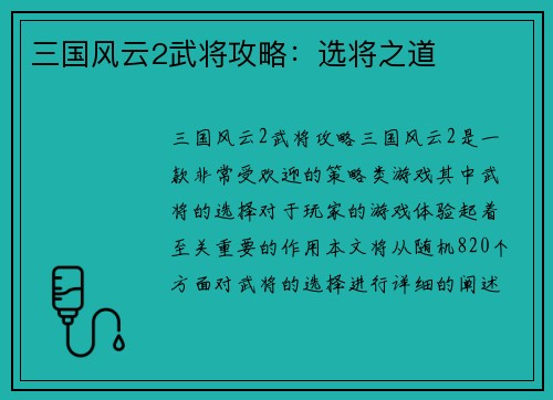 三国风云2武将攻略：选将之道